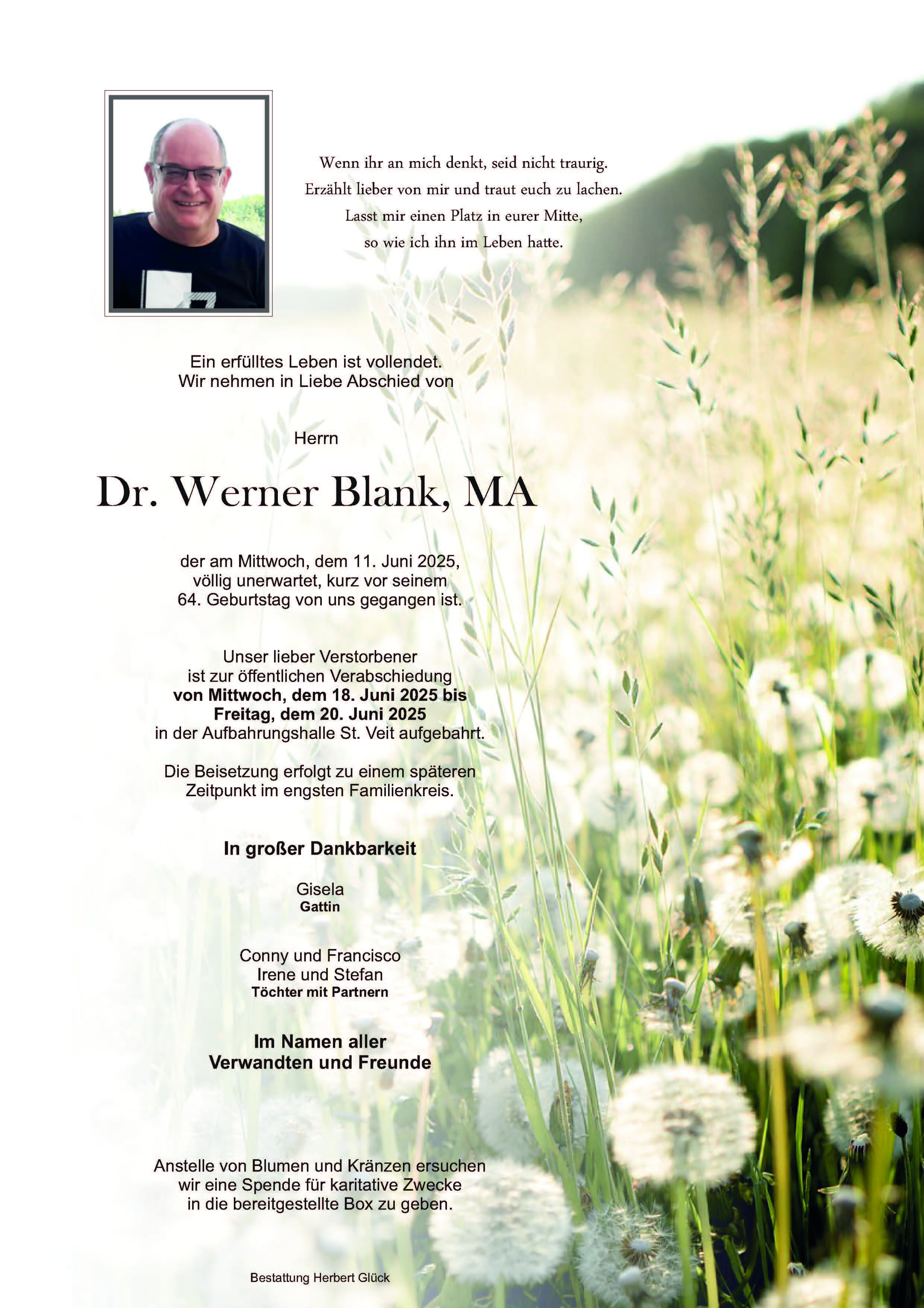 Sterbefall Werner Blank