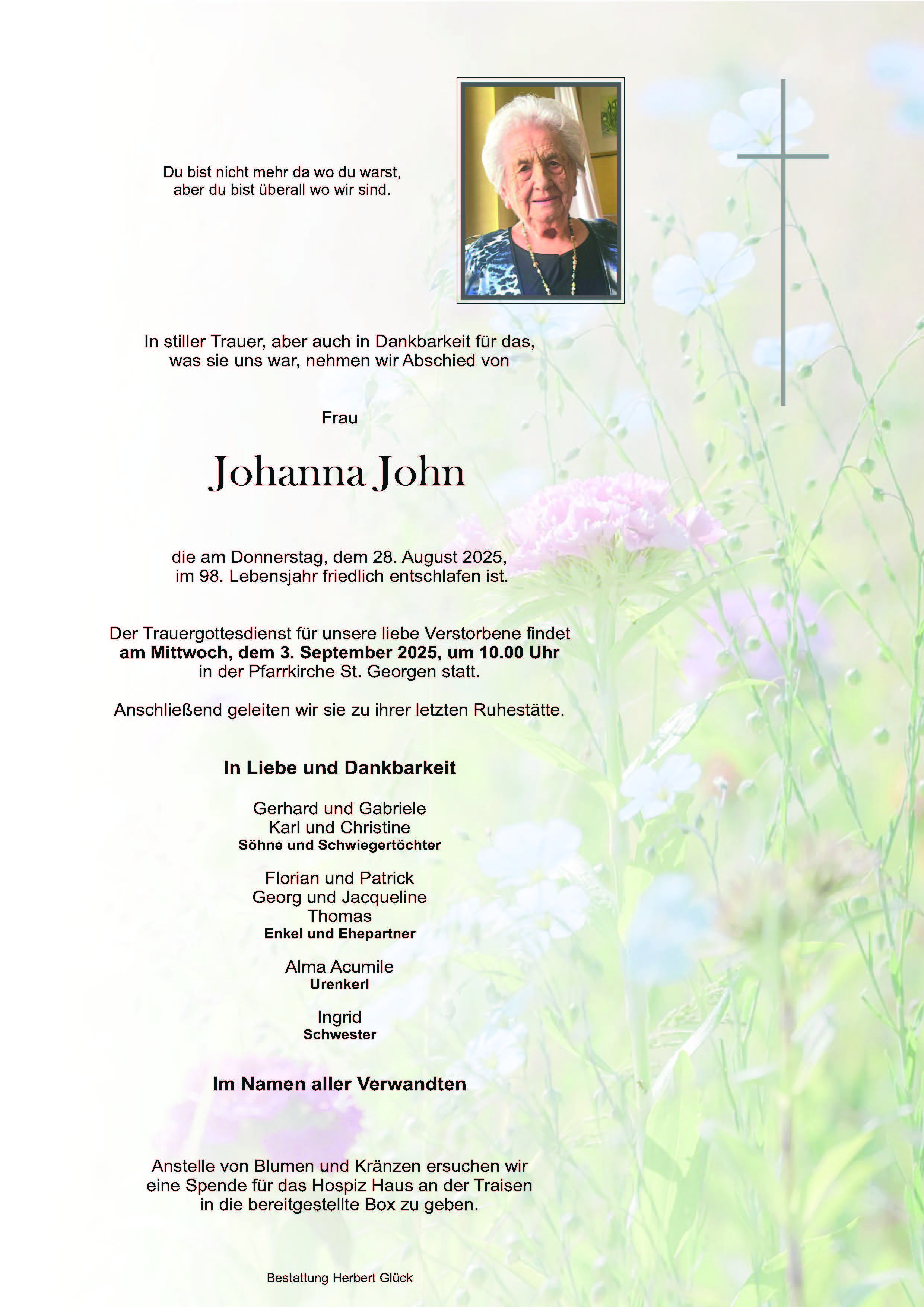 Sterbefall Johanna John