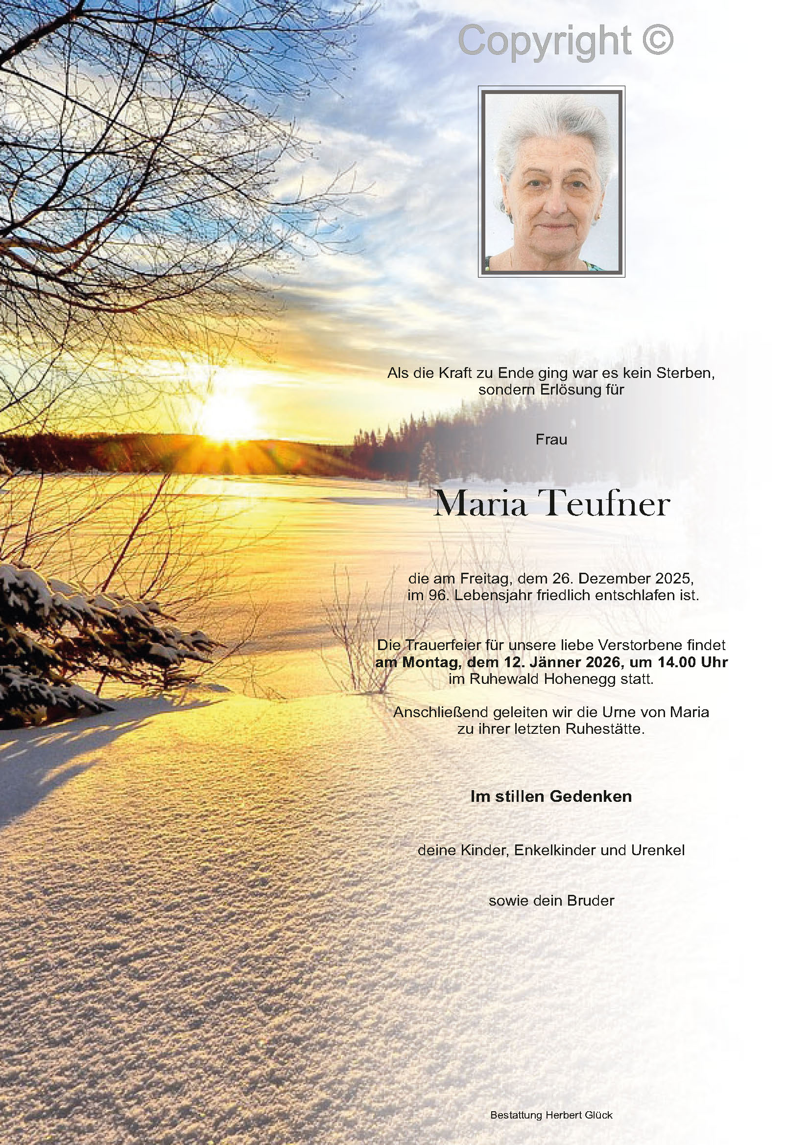 Sterbefall Maria Teufner