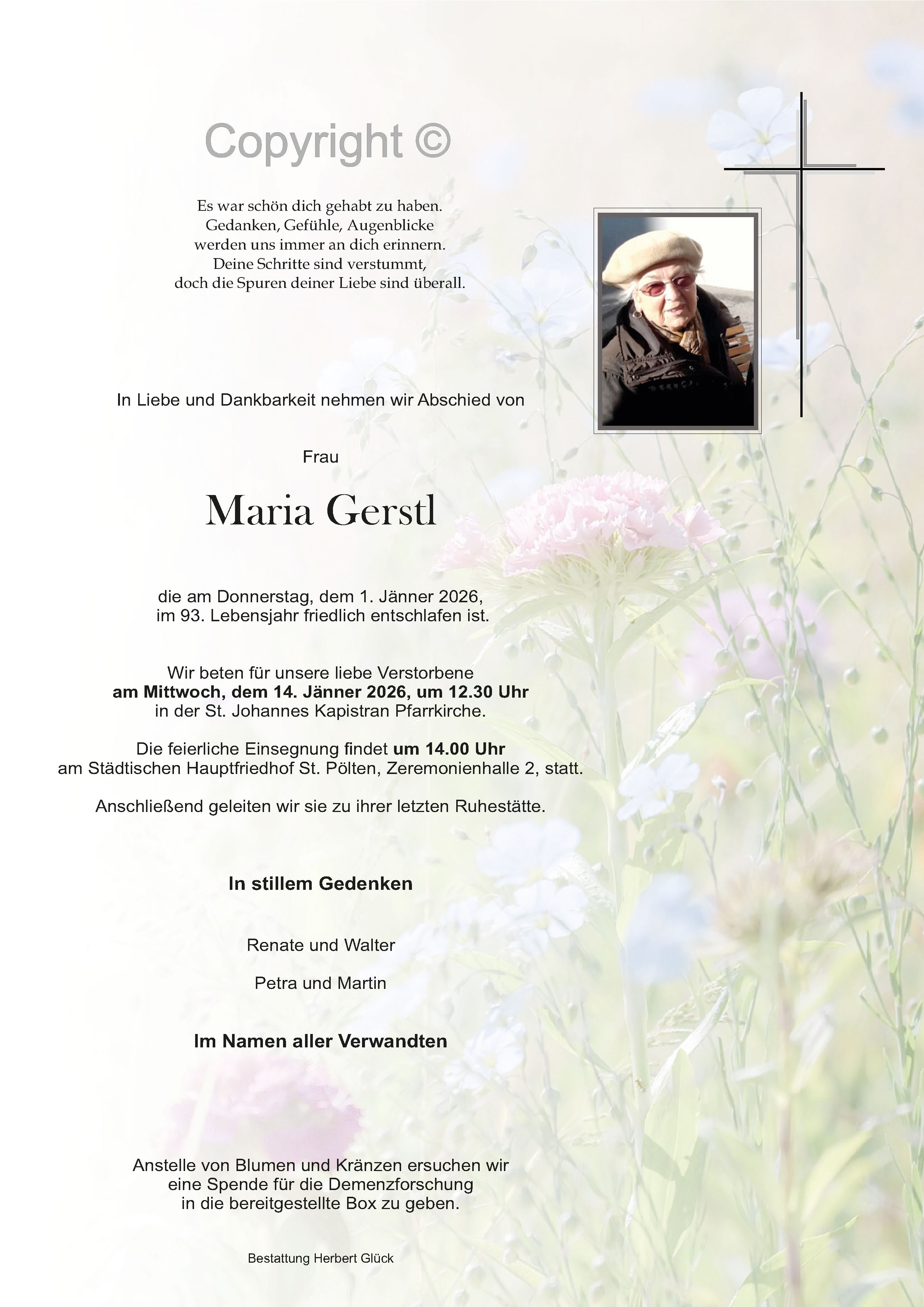 Sterbefall Maria Gerstl
