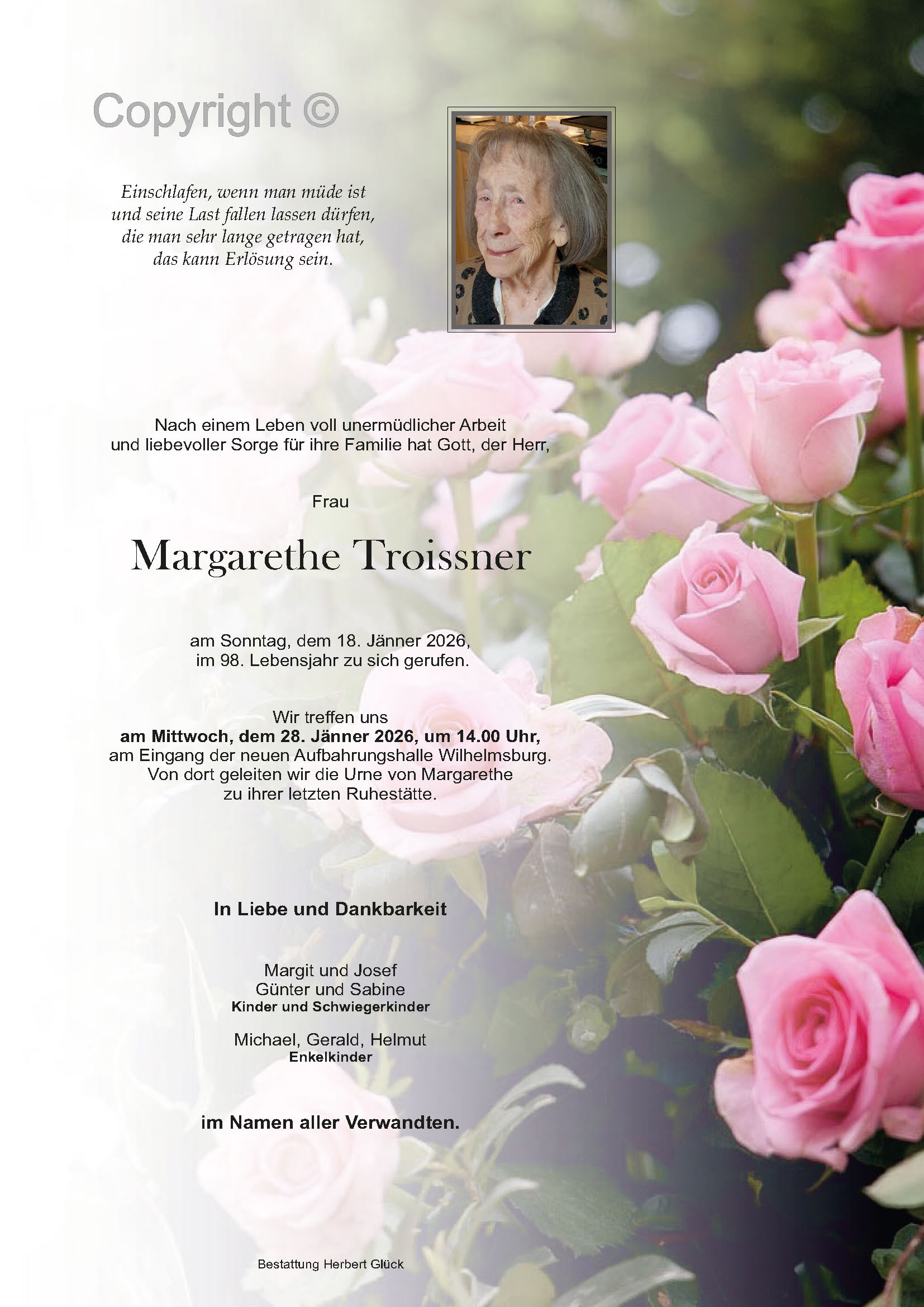 Sterbefall Margarethe Troissner