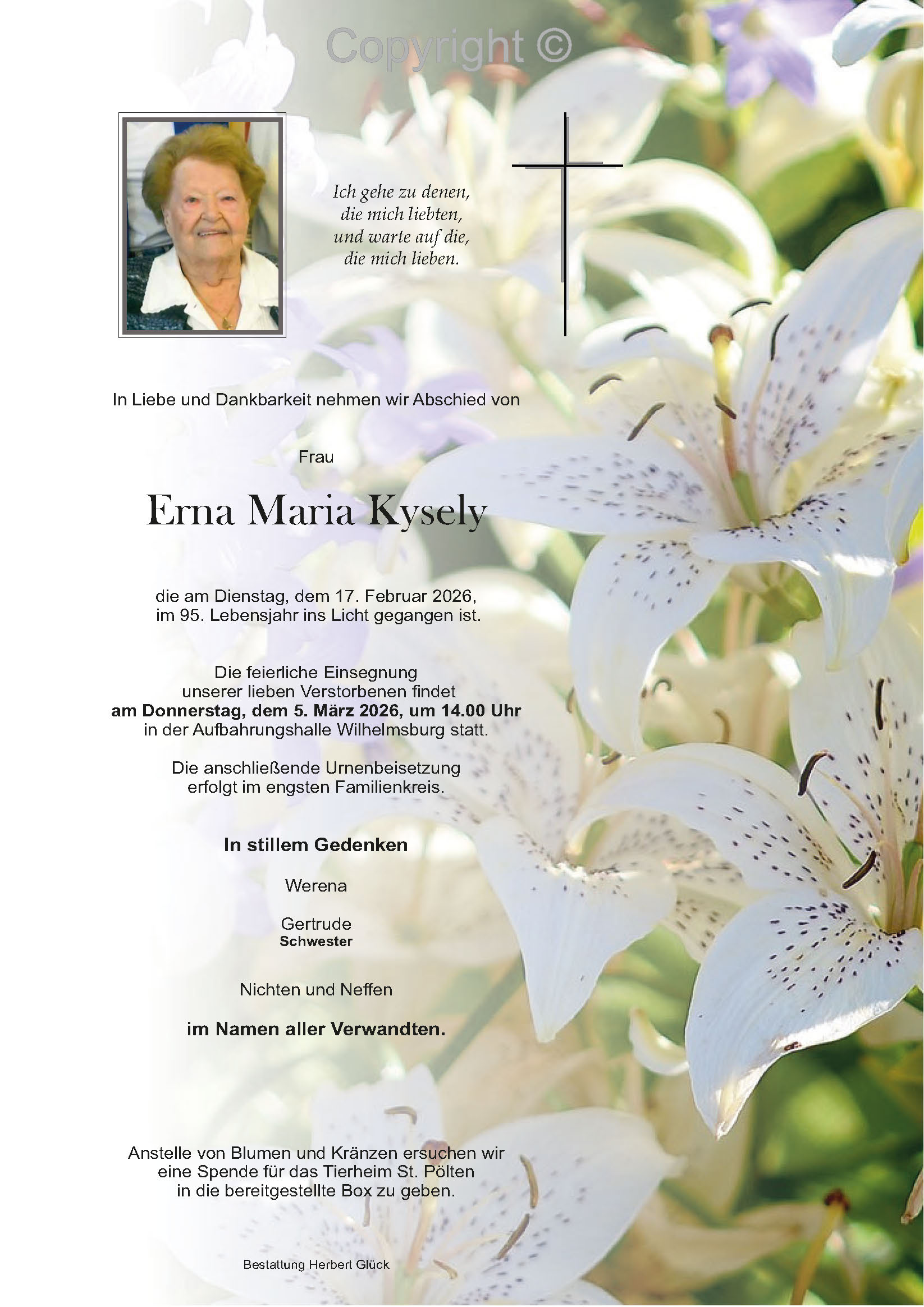 Sterbefall Erna Maria Kysely