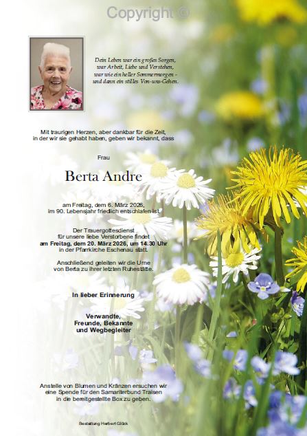 Sterbefall Berta Andre