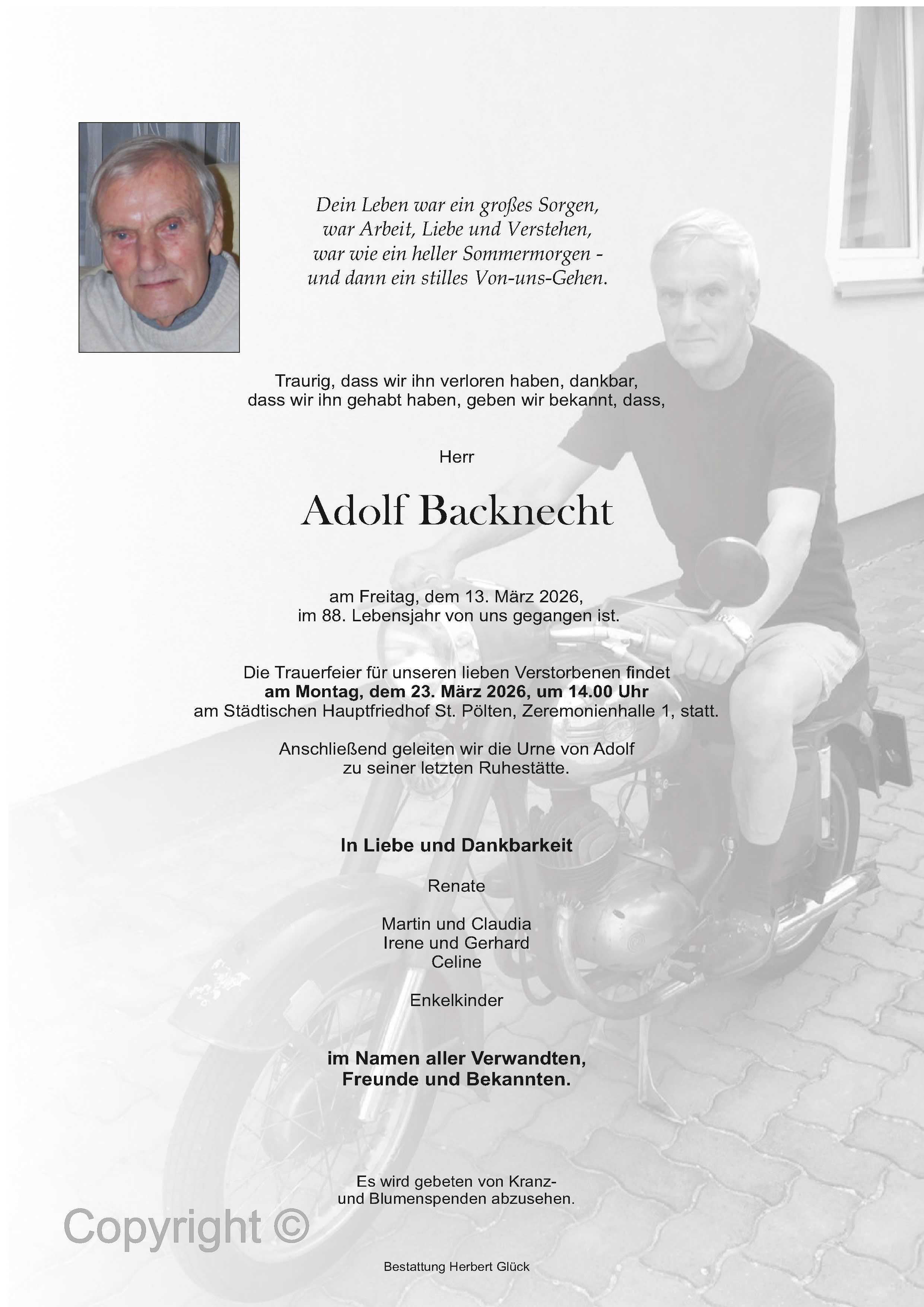 Sterbefall Adolf Backnecht