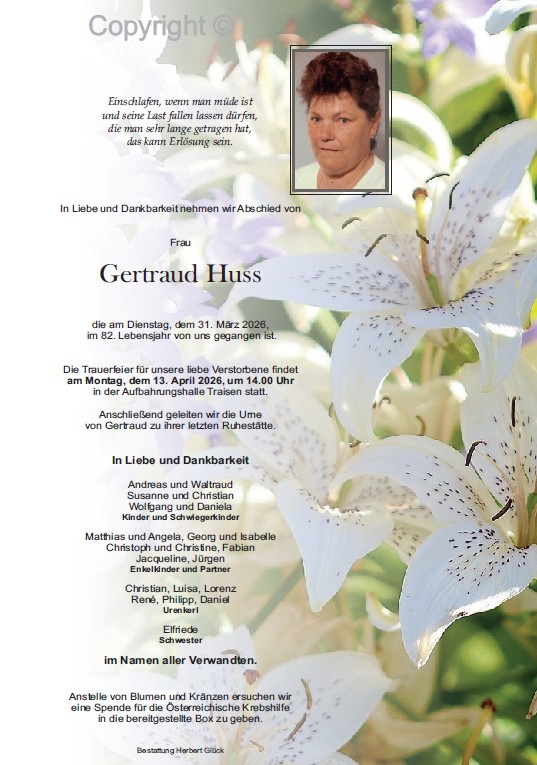 Sterbefall Gertraud Huss