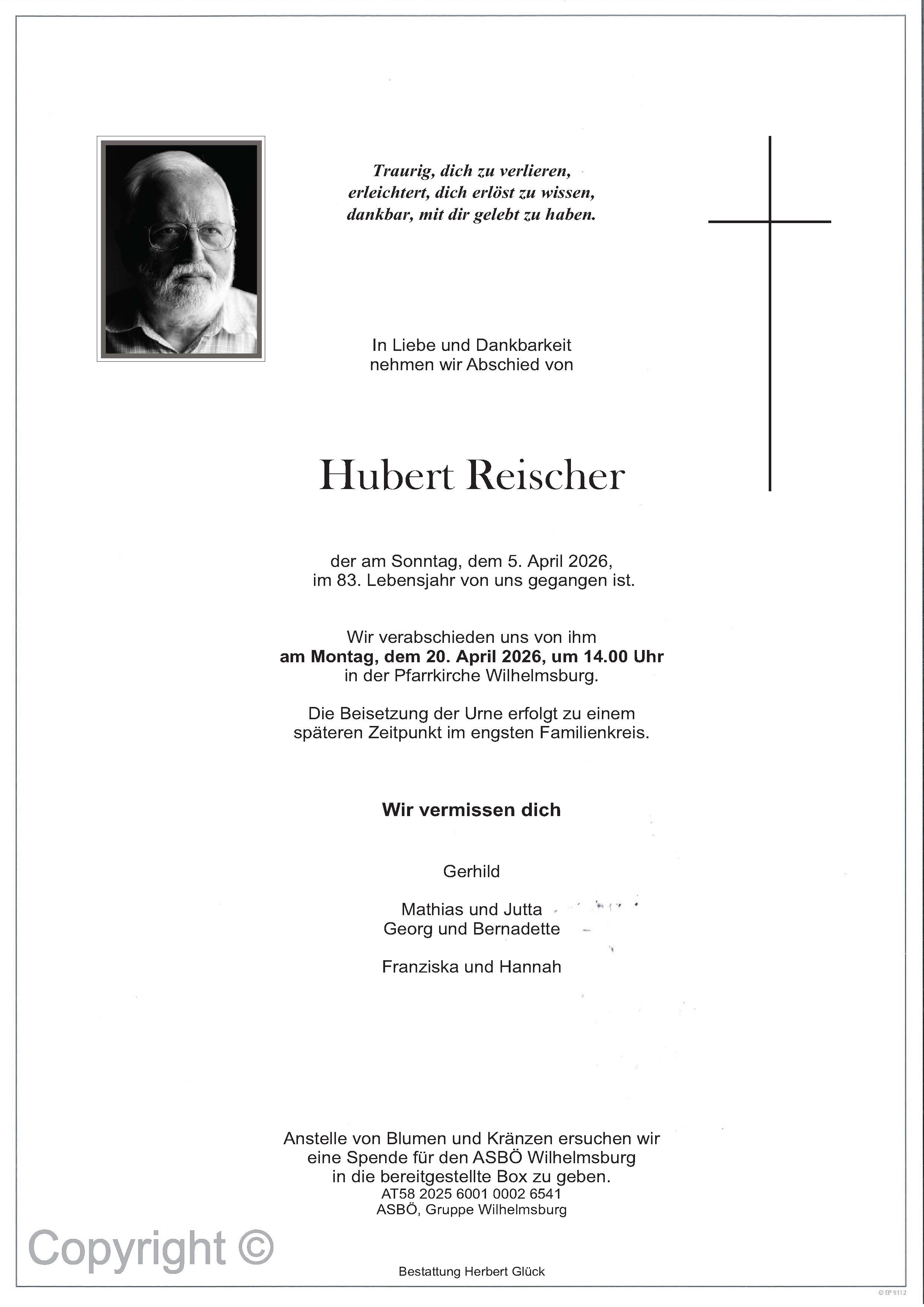 Sterbefall Hubert Reischer