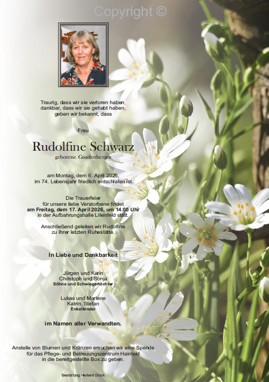 Sterbefall Rudolfine Schwarz