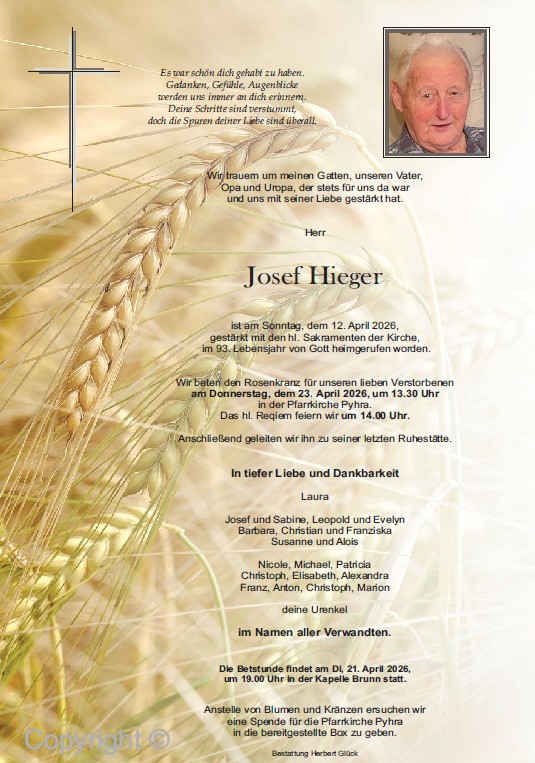Sterbefall Josef Hieger