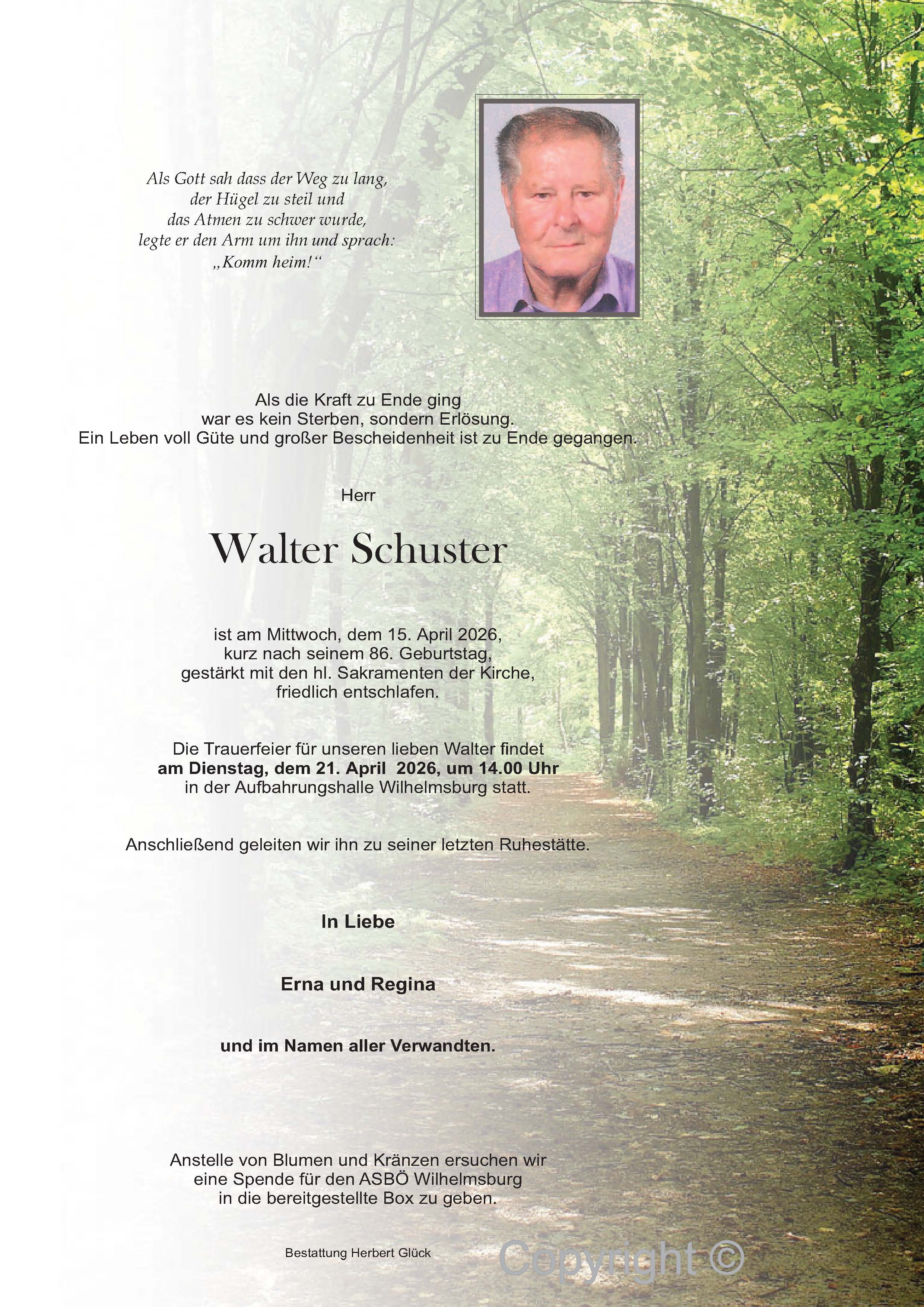 Sterbefall Walter Schuster