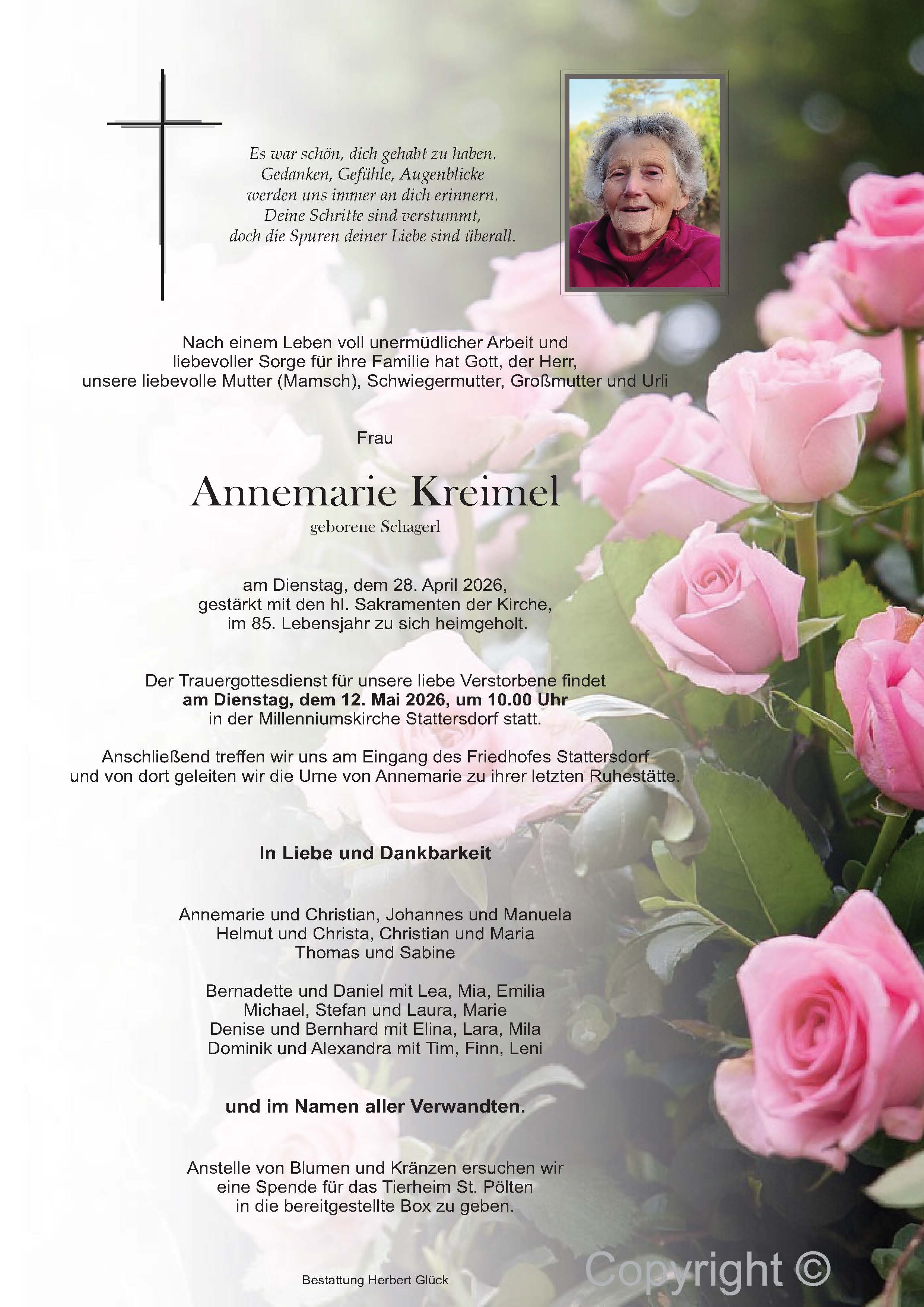 Sterbefall Annemarie Kreimel