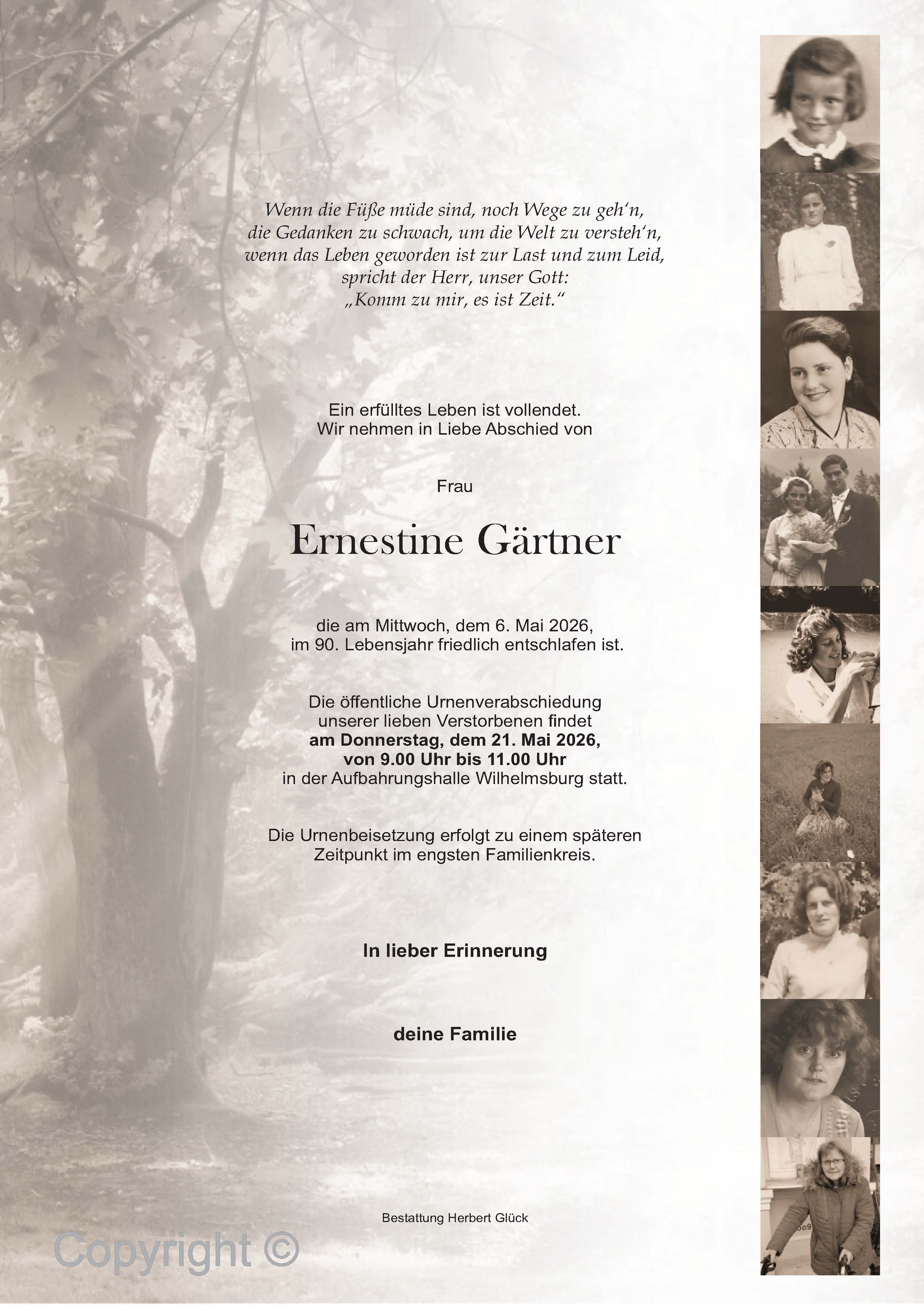 Sterbefall Ernestine Gärtner
