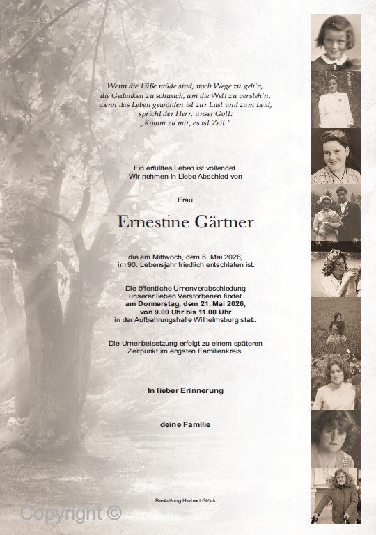 Sterbefall Ernestine Gärtner