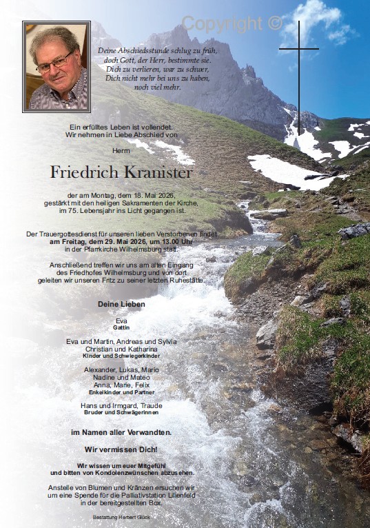 Sterbefall Friedrich Kranister
