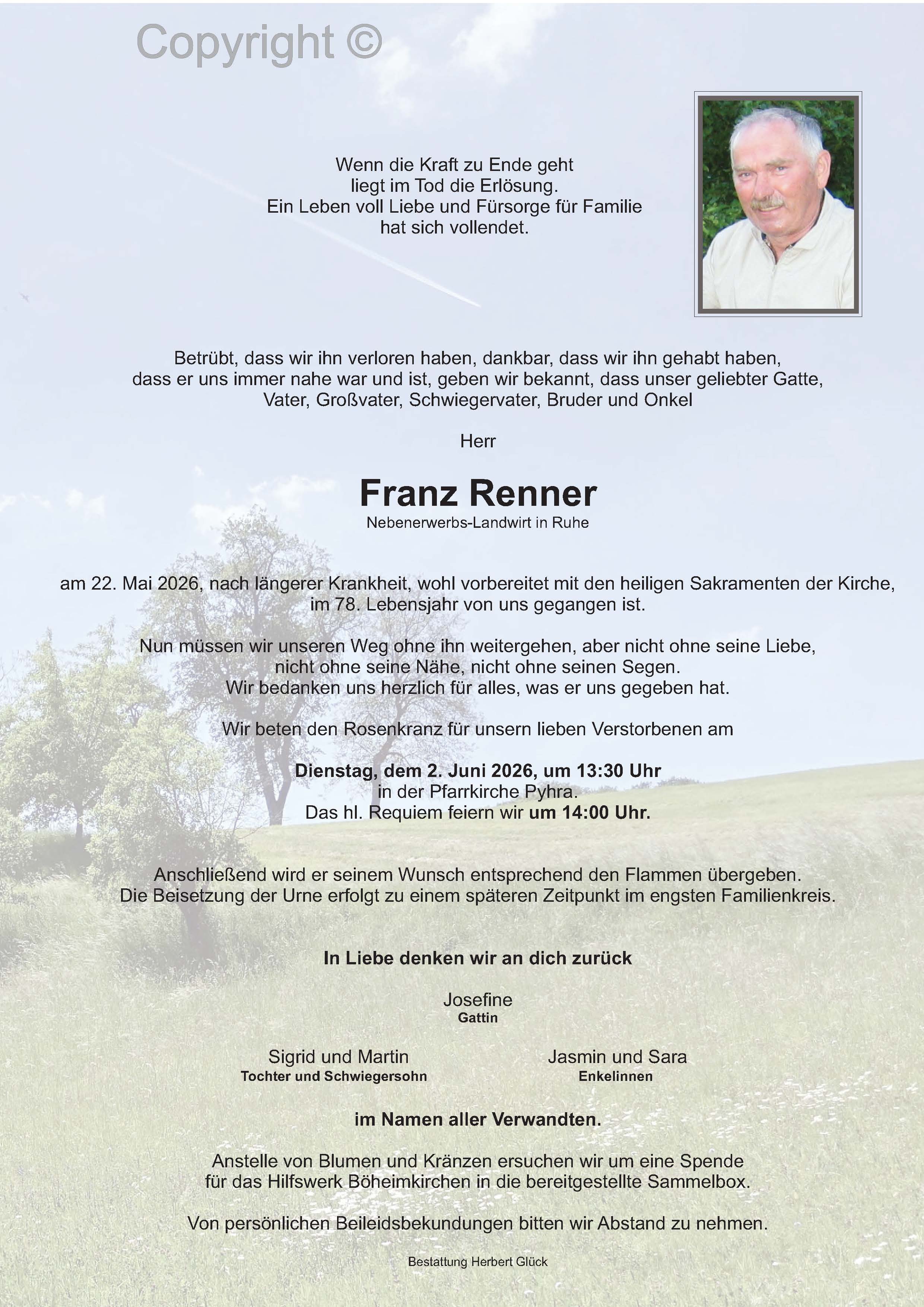 Sterbefall Franz Renner