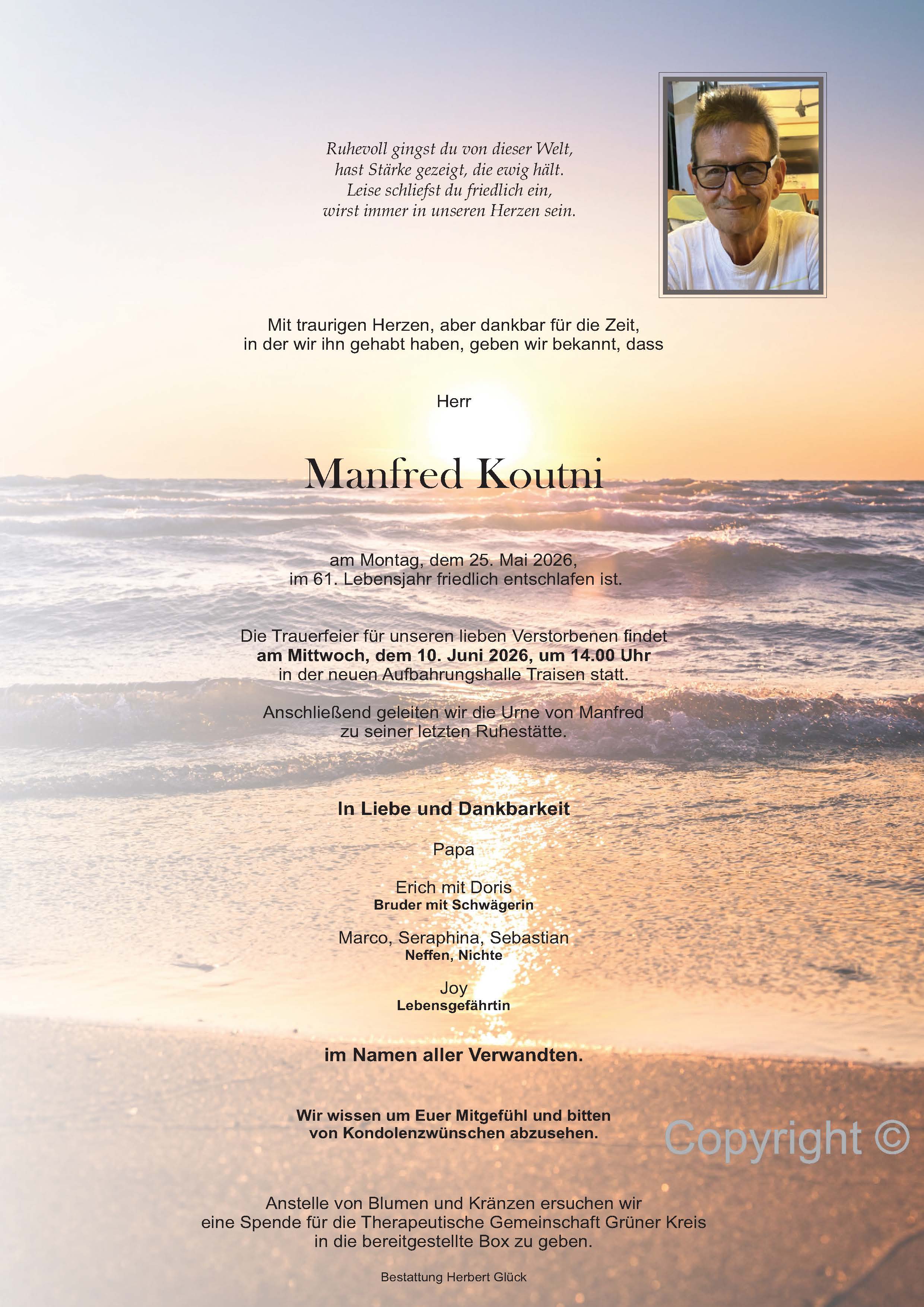 Sterbefall Manfred Koutni