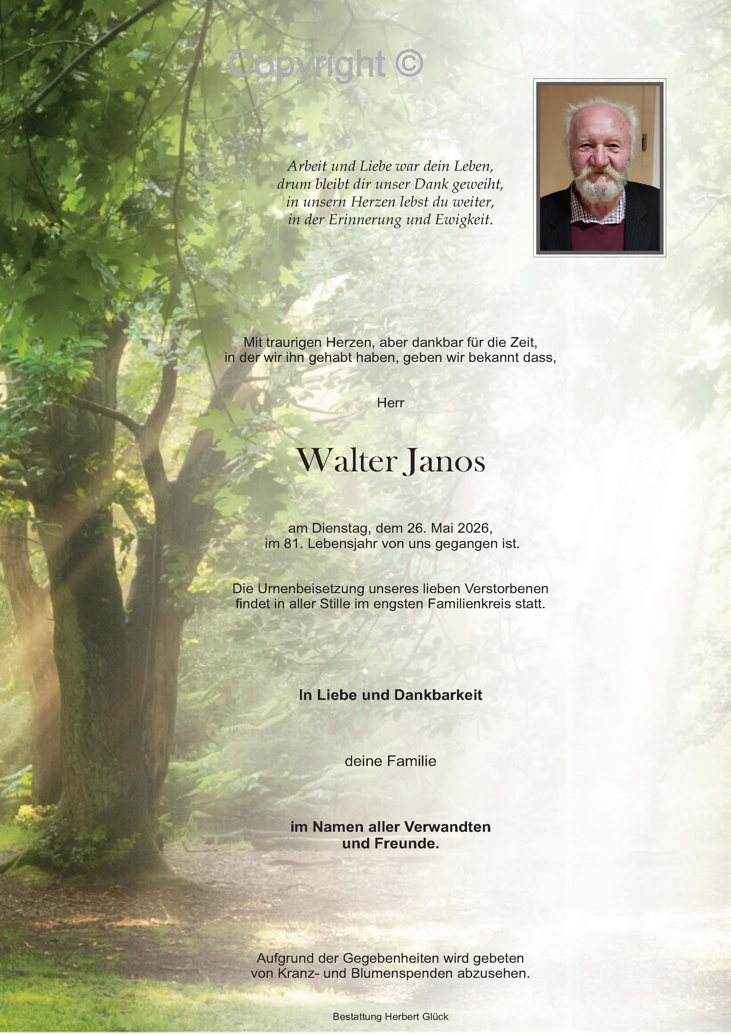 Sterbefall Walter Janos