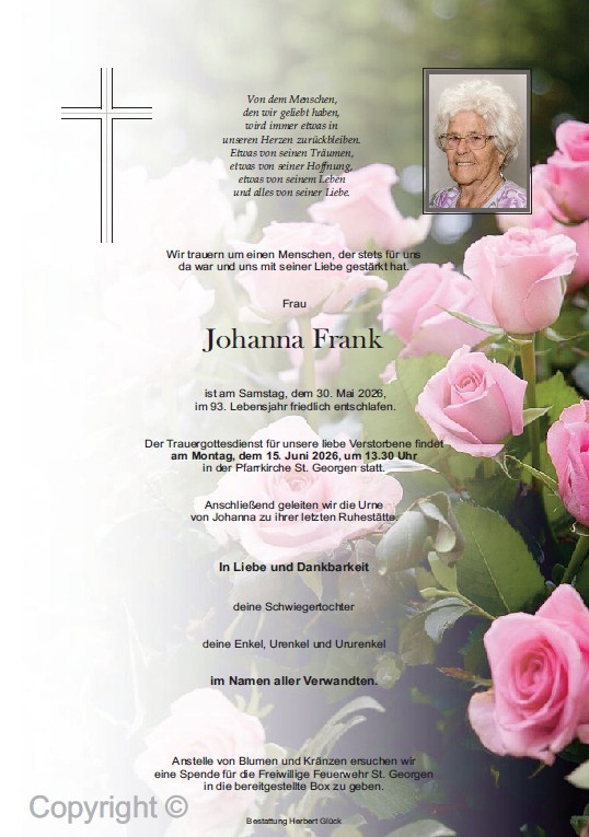 Sterbefall Johanna Frank