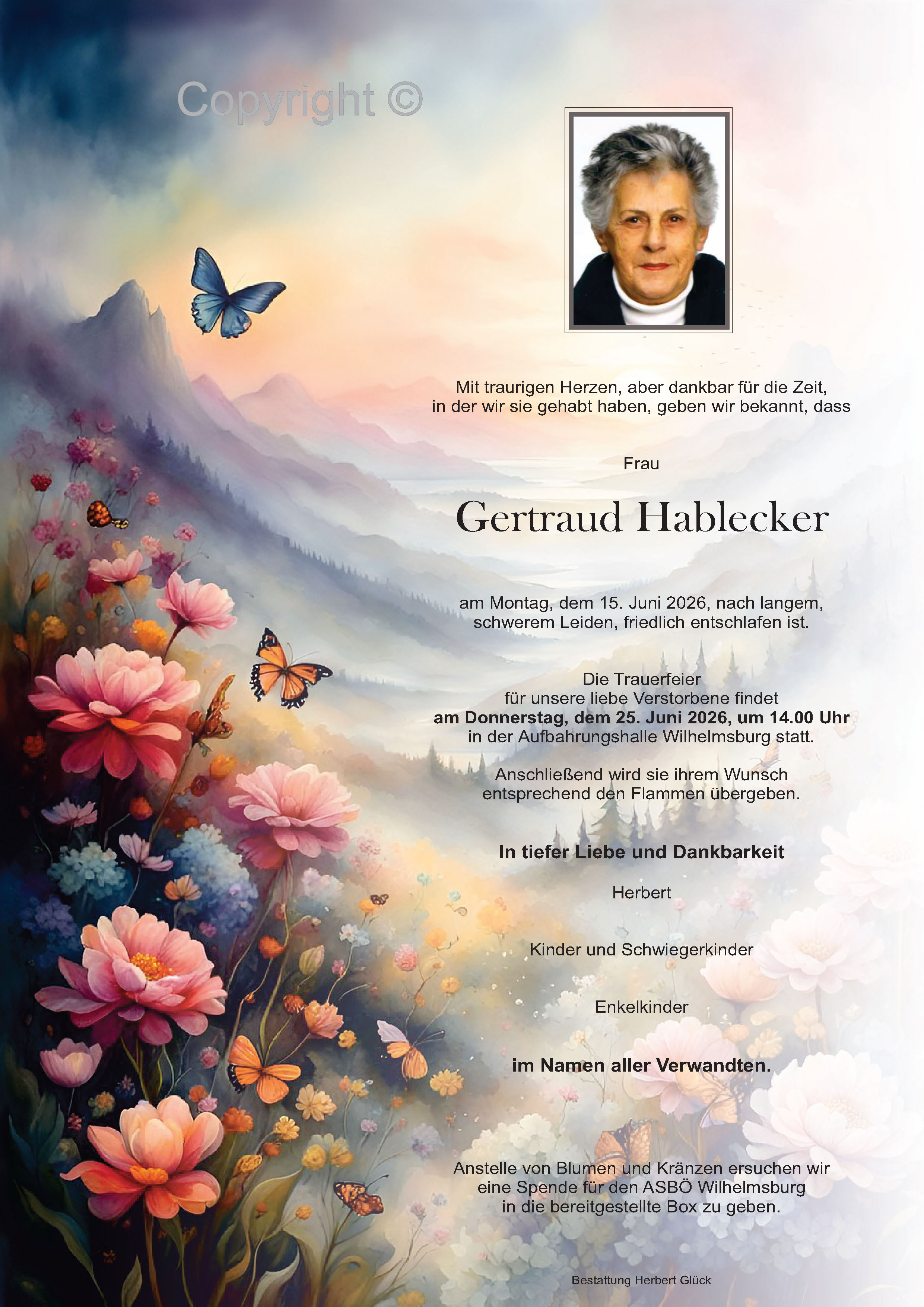 Sterbefall Gertraud Hablecker