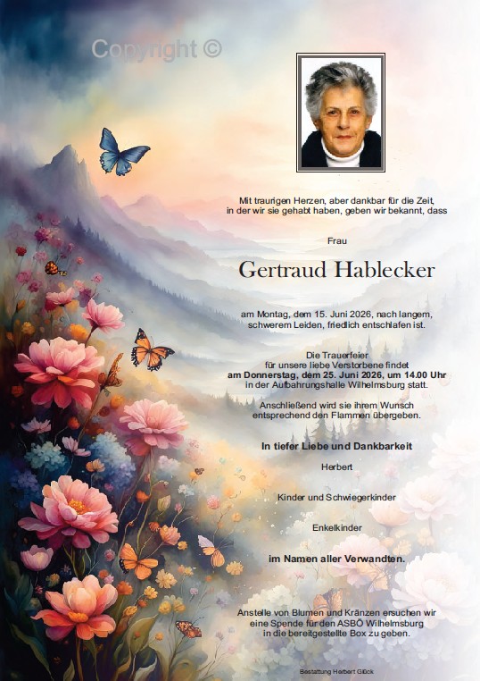 Sterbefall Gertraud Hablecker