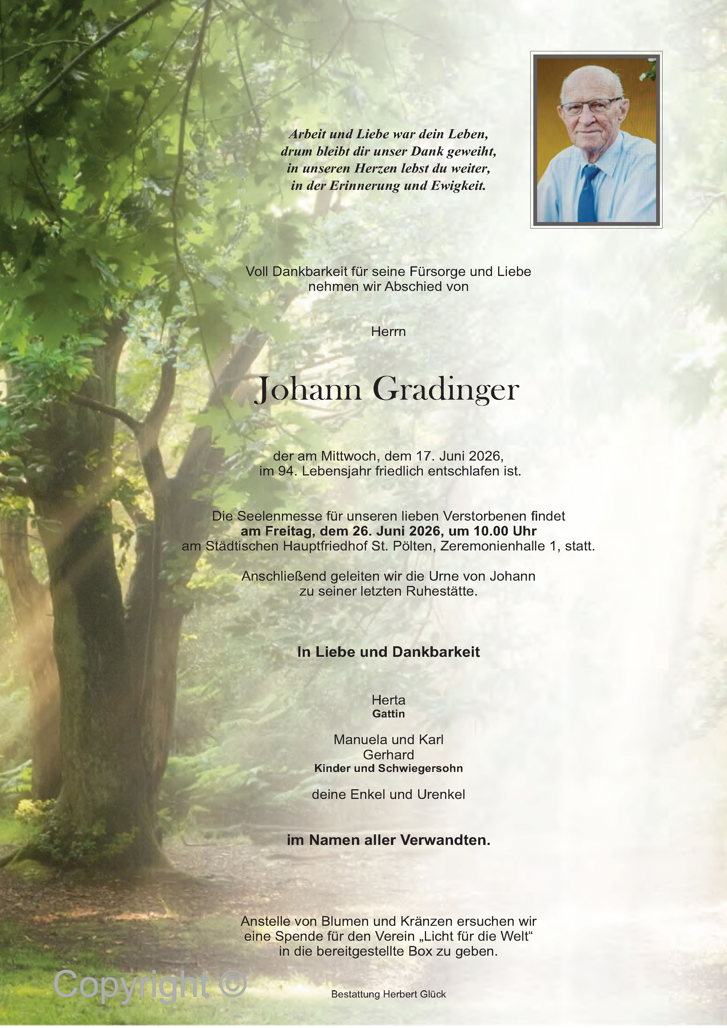 Sterbefall Johann Gradinger
