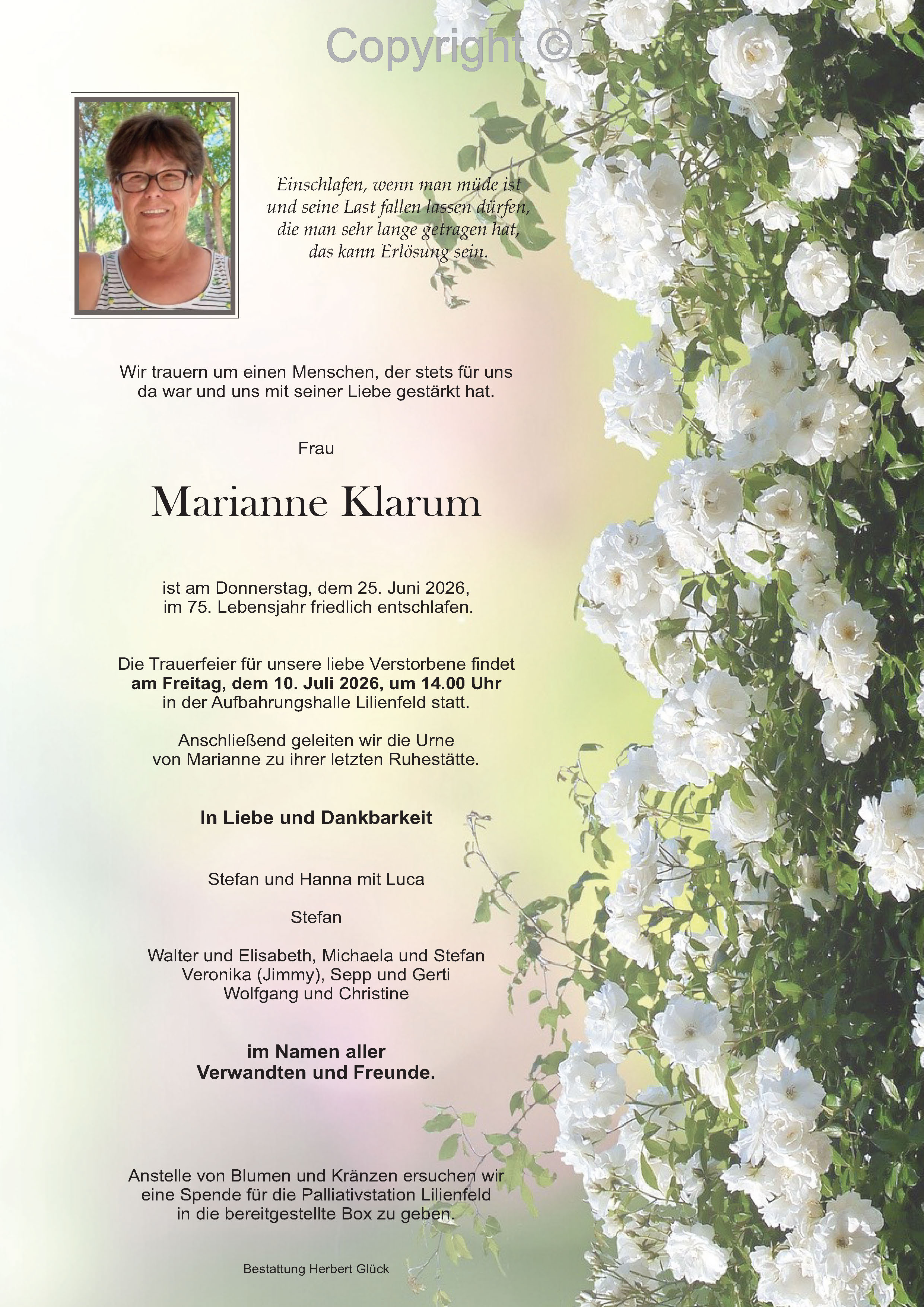 Sterbefall Marianne Klarum