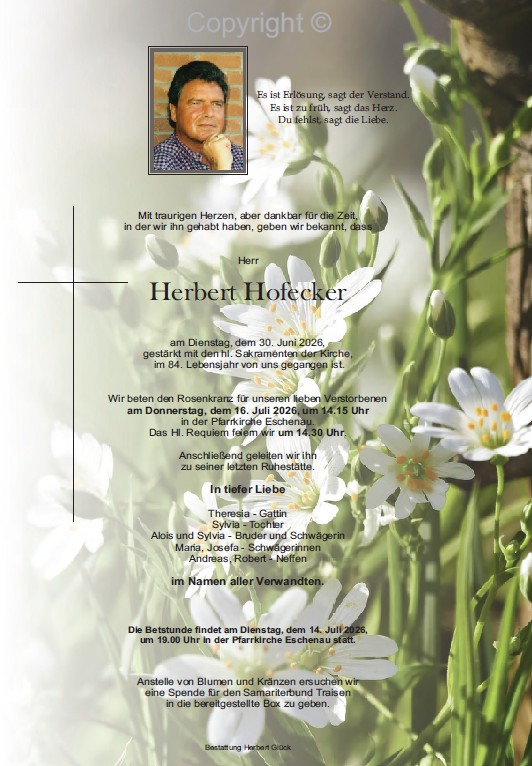 Sterbefall Herbert Hofecker