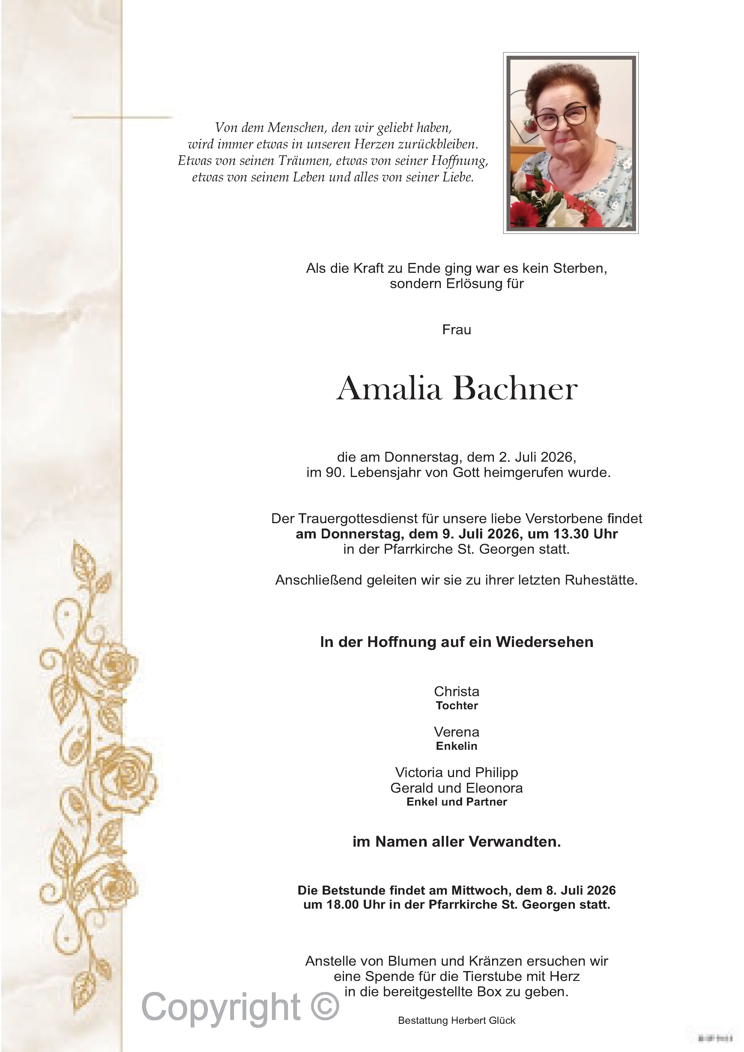 Sterbefall Amalia Bachner