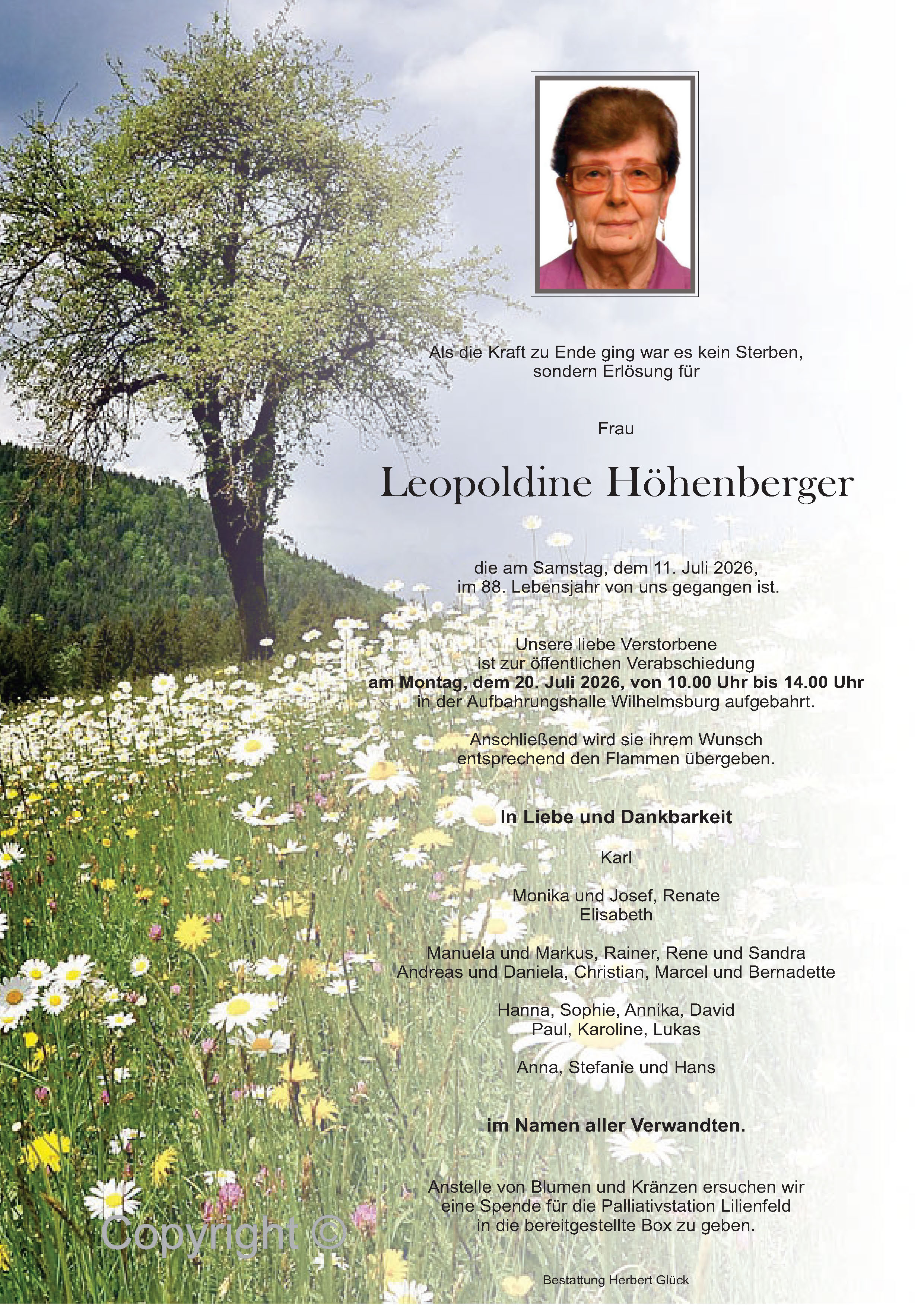 Sterbefall Leopoldine Höhenberger