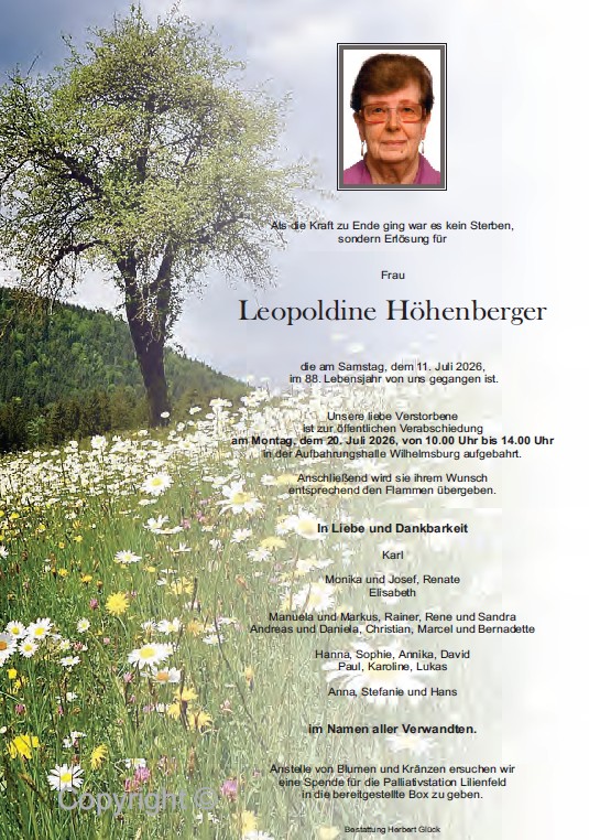 Sterbefall Leopoldine Höhenberger