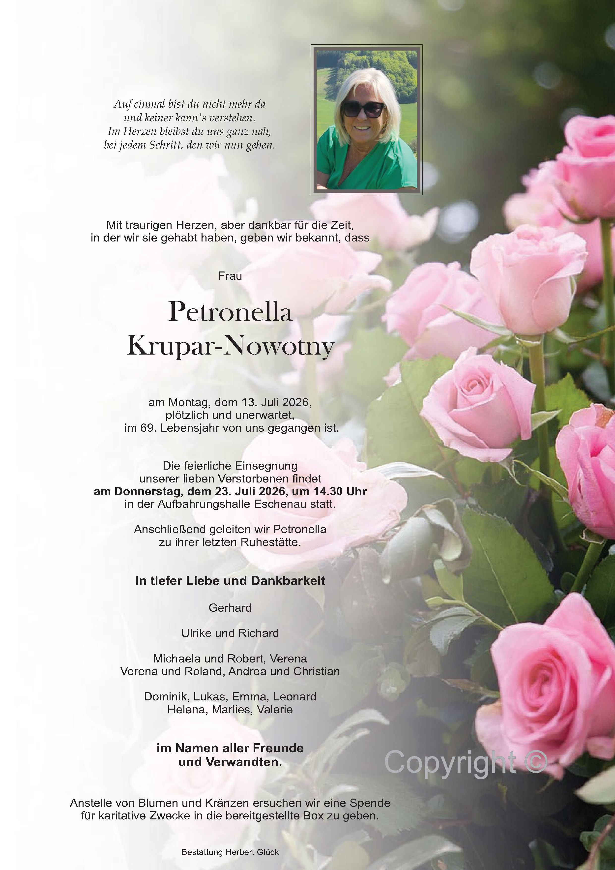 Sterbefall Petronella Krupar-Nowotny