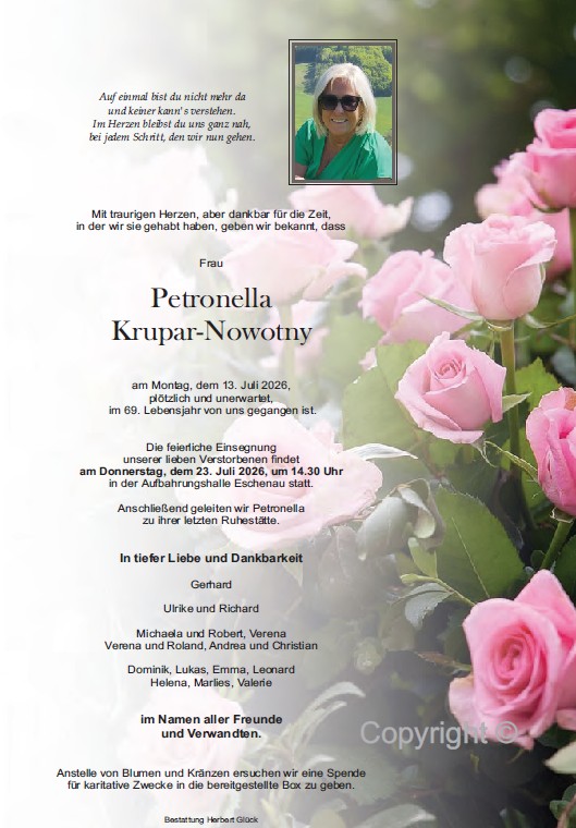 Sterbefall Petronella Krupar-Nowotny