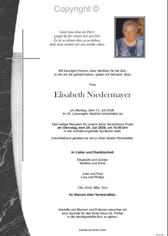 Sterbefall Elisabeth Niedermayer