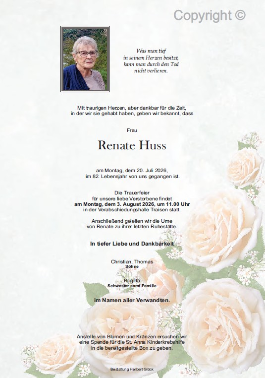 Sterbefall Renate Huss