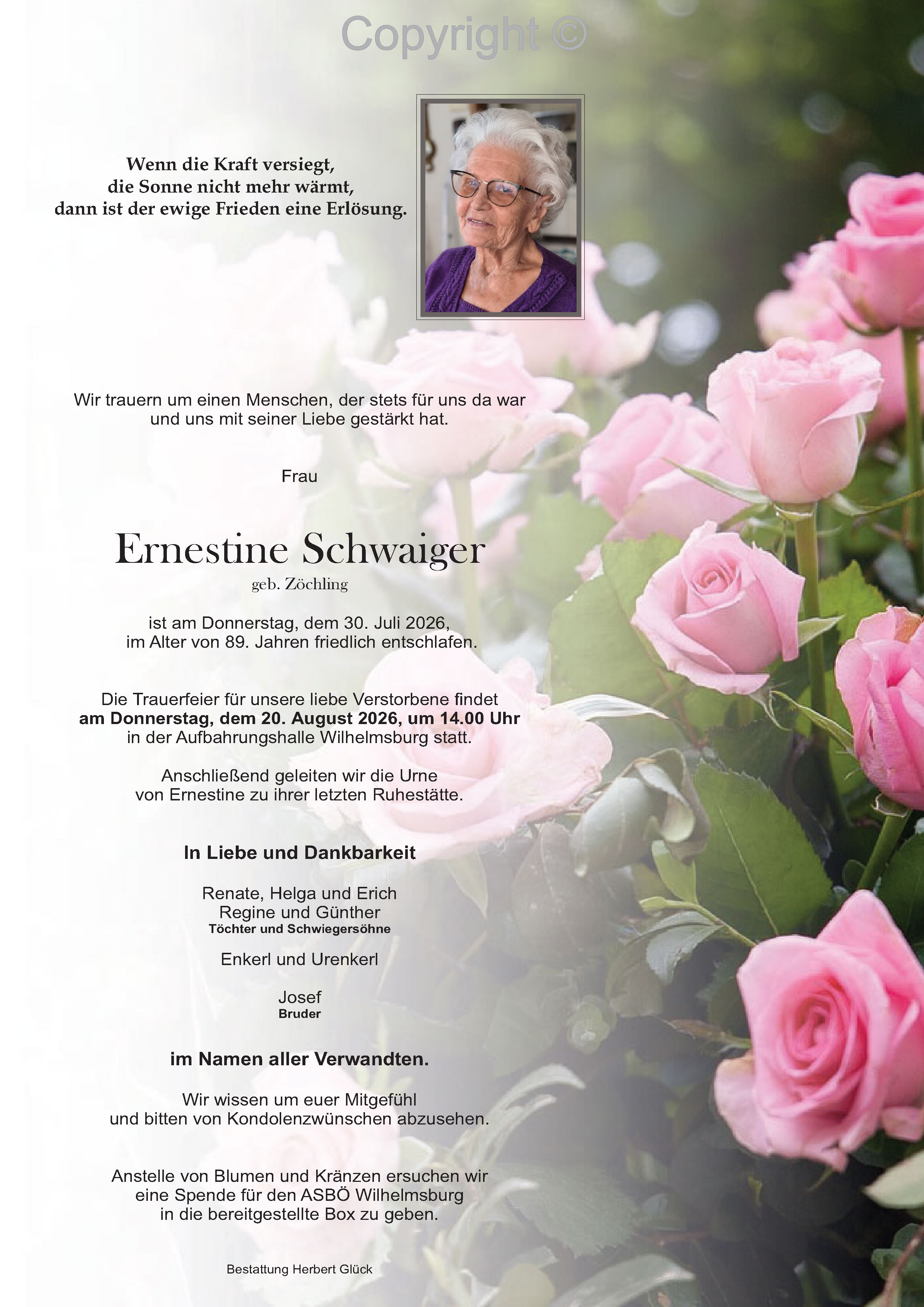 Sterbefall Ernestine Schwaiger