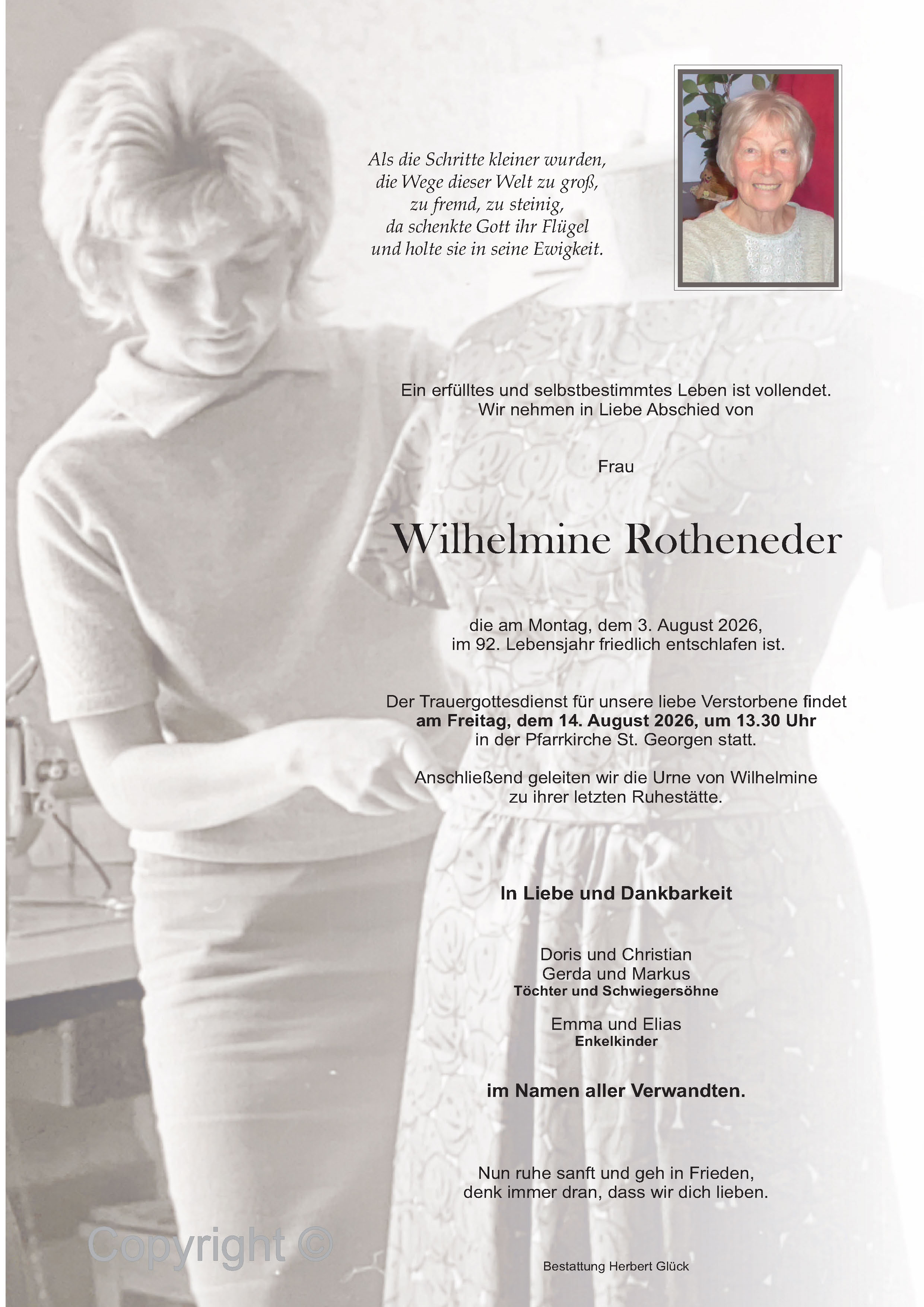 Sterbefall Wilhelmine Rotheneder