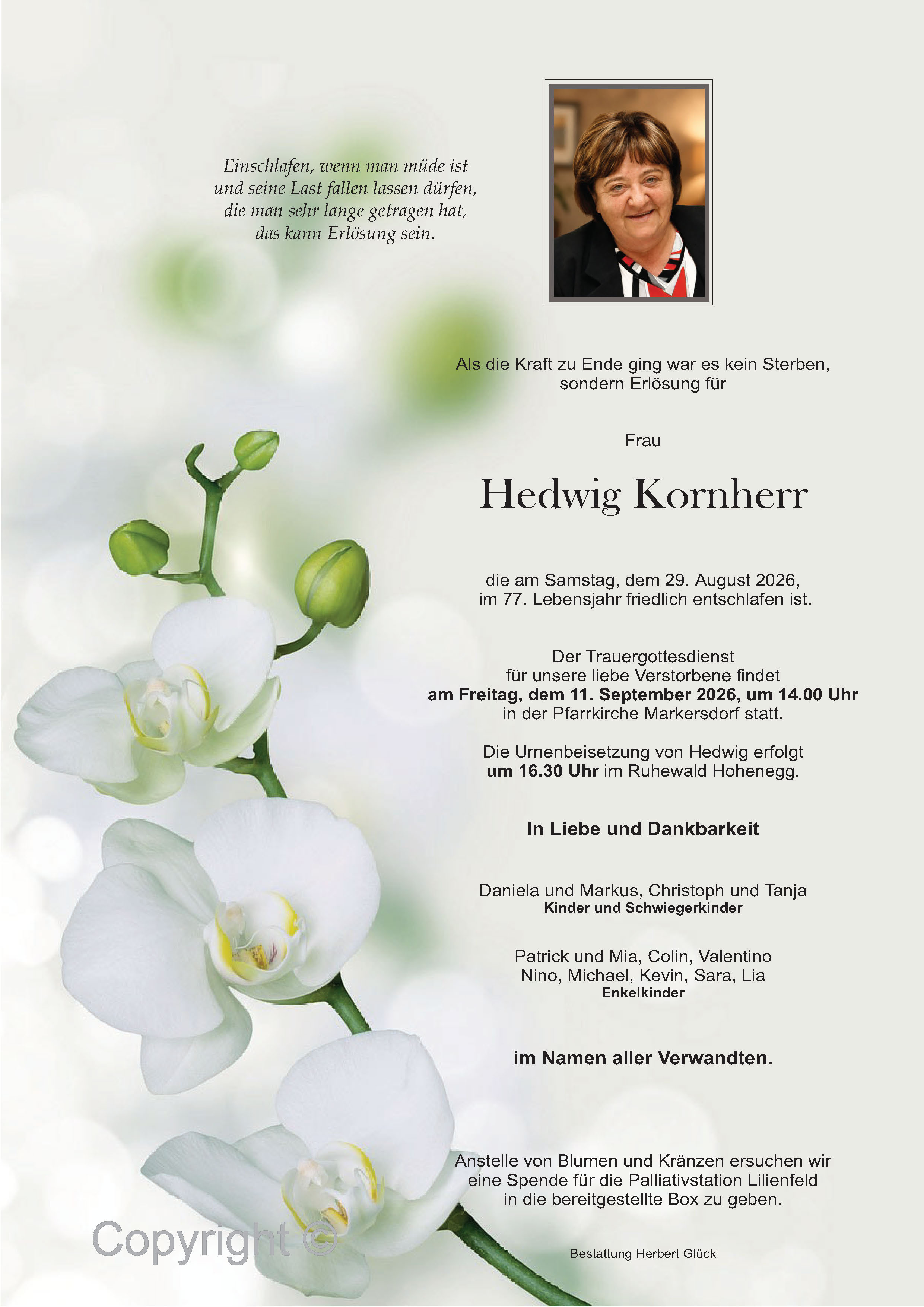 Sterbefall Hedwig Kornherr