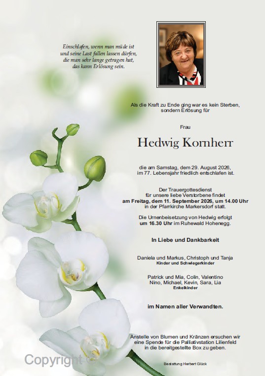 Sterbefall Hedwig Kornherr