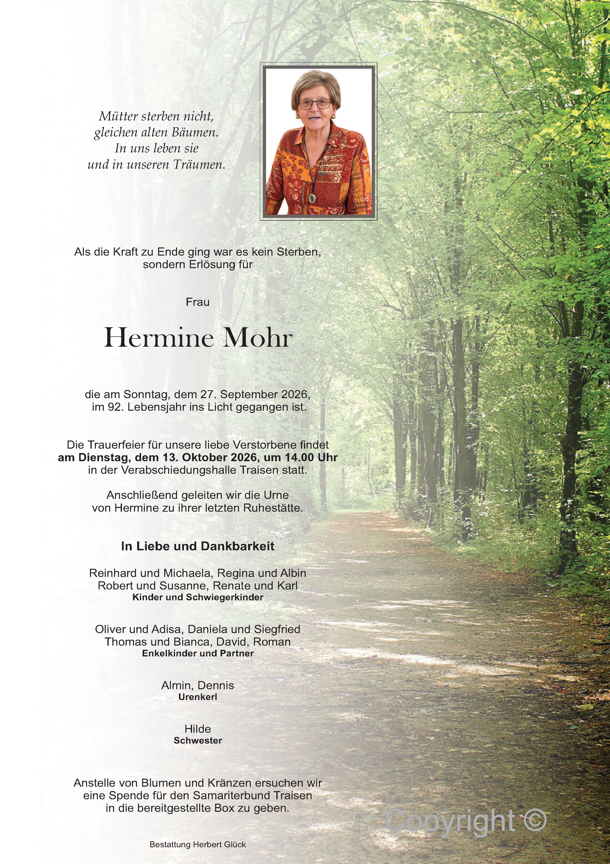 Sterbefall Hermine Mohr
