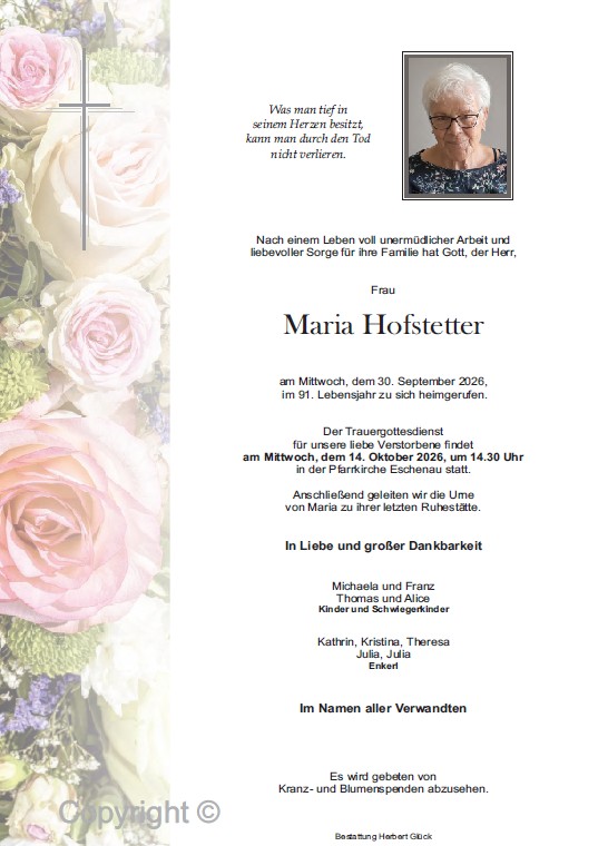 Sterbefall Maria Hofstetter
