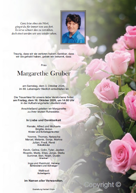 Sterbefall Margarethe Gruber