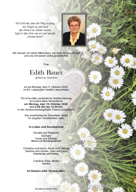 Sterbefall Edith Bauer